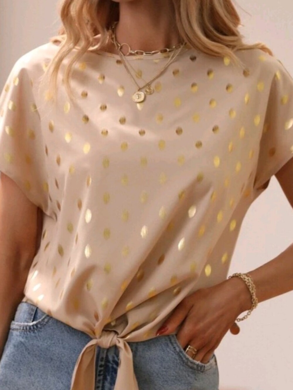 Beige Khaki Gold Polka Dot Women's Top Blouse Elegant Casual Party Fun